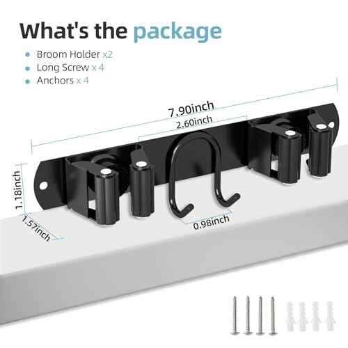 Broom Holder Wall Mount, Stainless Steel Mop and Broom Organizer, Broom Hanger with 2 Slots 2 Hooks for Home Kitchen, Garage, Garden and Laundry Room, Black