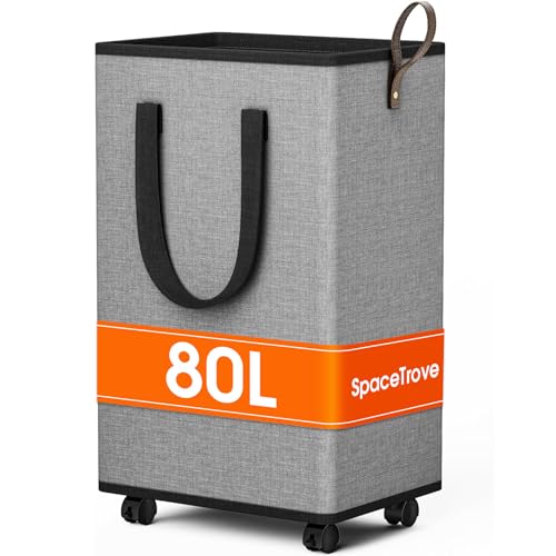 SpaceTrove 80L Grey Rolling Laundry Basket with Wheels - Detachable Wheels, Foldable Hamper