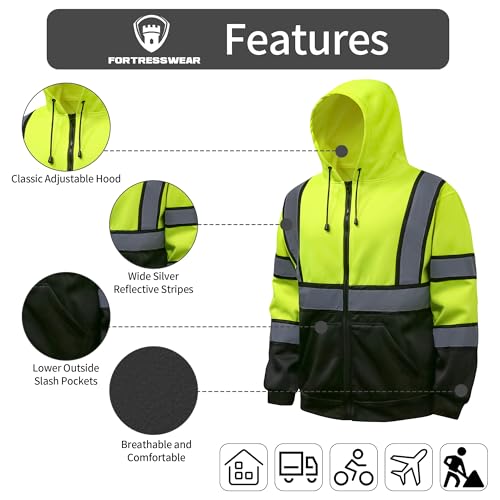 High Visibility Hoodie for Men Class 3 Hi Vis Safety Hoodies Reflective Construction Sweatshirt with Pockets