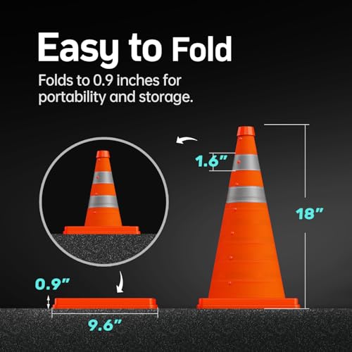 BATTIFE 4 Pack 18-Inch Collapsible Orange Traffic Cones with Reflective Strips & Storage Bag