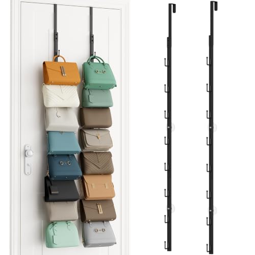 Black Over the Door Purse Organizer with 8 Hooks - 2 Pack Wall Mount Handbag Storage
