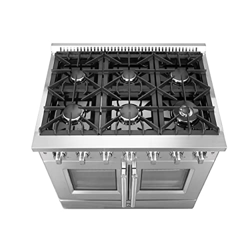 FORNO Vittorio Full Gas 36" Inch. French Door Freestanding Range 6 Sealed Burners Cooktop - 5.36 Cu. Ft. Gas Convection Oven Capacity - Stainless Steel Stove Range Heavy Duty Cast Iron Grates