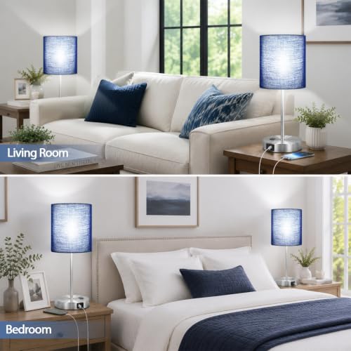 Navy Blue & Brushed Nickel Touch Control Bedside Table Lamps Set with USB & Power Outlets, Dimmable Nightstand Lights, 800 Lumens, 5000K Bulbs Included
