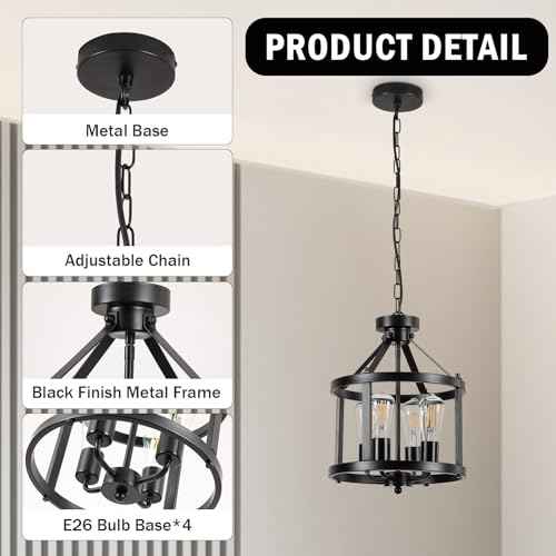 Black Farmhouse Chandelier, 4-Light Pendant Lights Over Kitchen Island, Industrial Chandelier Ceiling Hanging Light Fixtures for Entryway Dining Room Foyer Hallway Living Room, Adjustable Height