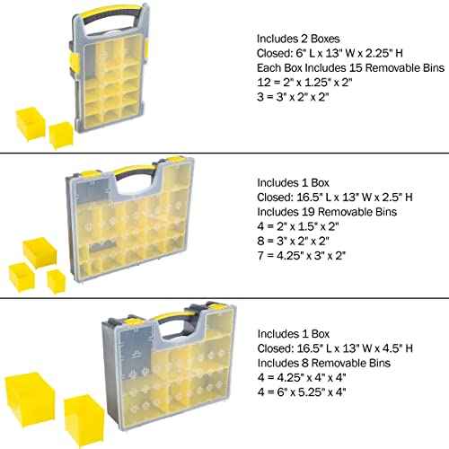 Storage Organizer Tool Box Set - Set of 4 Plastic Clear Top Parts, Craft, and Hardware Organizers with 3 Sized Compartments by Stalwart (Yellow/Black)