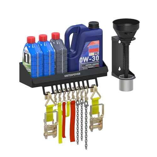 UNITEDPOWER 6 Quart Motor Oil Storage Rack, Bottle Shelf Mount Caddy With Funnel, Enclosed Race Trailer Shop Garage Organizer
