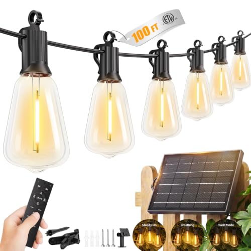 Brightown 100FT Solar String Lights Outdoor Waterproof with 33 Shatterproof LED Bulbs & Remote