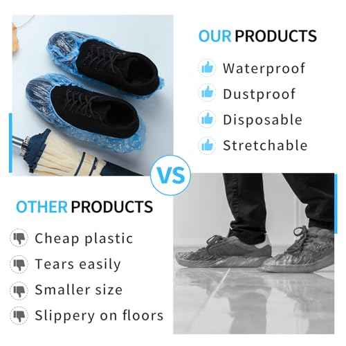 Frontline Shoe Covers Disposable Waterproof, Recyclable Premium Thick Plastic, SLip Resistance, Durable, Booties for Shoes, XL One Size Fits Most, Indoor Outdoor Shoe Covers (100)