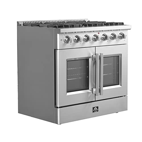 FORNO Vittorio Full Gas 36" Inch. French Door Freestanding Range 6 Sealed Burners Cooktop - 5.36 Cu. Ft. Gas Convection Oven Capacity - Stainless Steel Stove Range Heavy Duty Cast Iron Grates