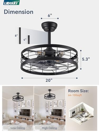 Black 20 Inch LEDIARY Fandelier Caged Ceiling Fan with Light & Remote