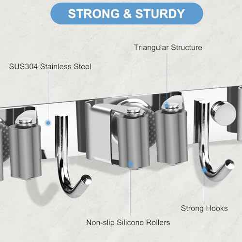 Mop and Broom Holder Wall Mounted, 4 Racks and 5 Hooks Broom, Upgraded Stainless Steel Broom Holder Self Adhesive, Broom Organizer, Tools Organizer for Home Kitchen bathroom Garden balcony