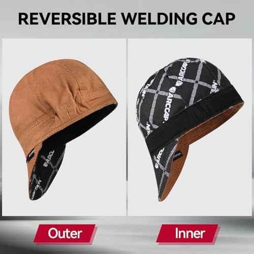 ARCCAPTAIN Reversible Welding Cap with Elastic Retractable Band, 8 Panel Protective Welders Cap, 10 oz Fireproof Cotton Comforts for Safety and Protection While Welding to Men Women, 7 1/2, Khaki