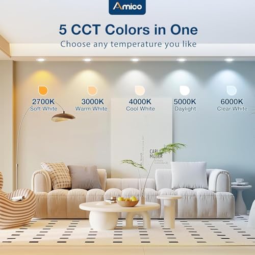 Amico 6 Inch White LED Recessed Lighting Kit 5CCT Dimmable Retrofit Can Light