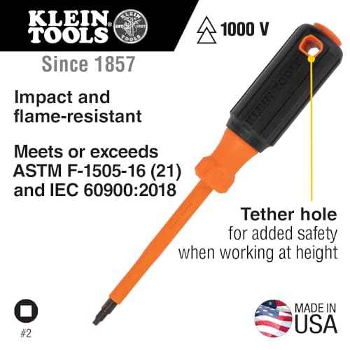 Klein Tools 6884INS Insulated Screwdriver, Made in USA, 1000V #1 Square Tip Screwdriver with 4-Inch Shank, Tip-Ident, Cushion-Grip Handle