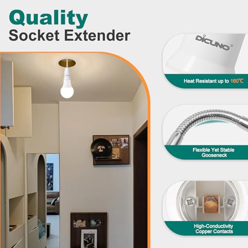 DiCUNO 2-Pack E26 Light Socket Extender 6.1-Inch Flexible Recessed Light Adapter