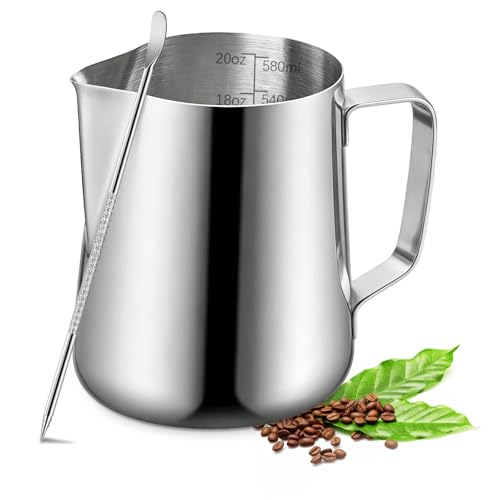 Milk Frothing Pitcher 600ml Stainless Steel Cup with Latte Art Pen, UMUACCAN Silver 20.29 oz