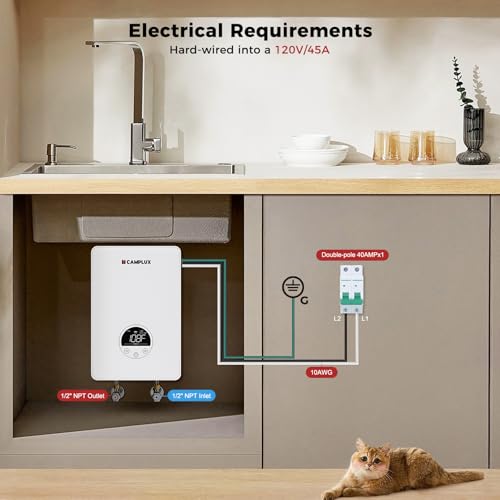 Camplux 4.5kW Electric Tankless Water Heater for Under Sink, Point-of-Use, Wall-Mounted, Digital Display