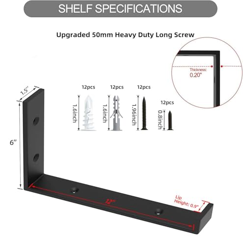 WEKIS 12 Inch Heavy Duty Floating Shelf Brackets - 6 Pack Industrial Black Wall Mounts