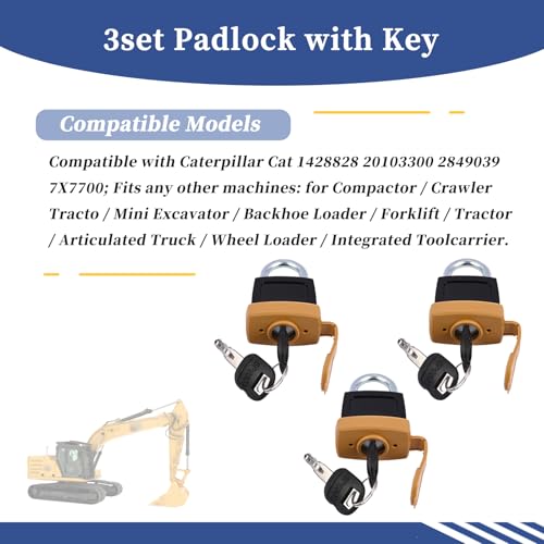 246-2641 3set Padlock with Key Compatible with Caterpillar CAT Fuel Cap 7X7700 1428828 20103300 2849039 Replace 5P8501 5P8500 2462641 (3)