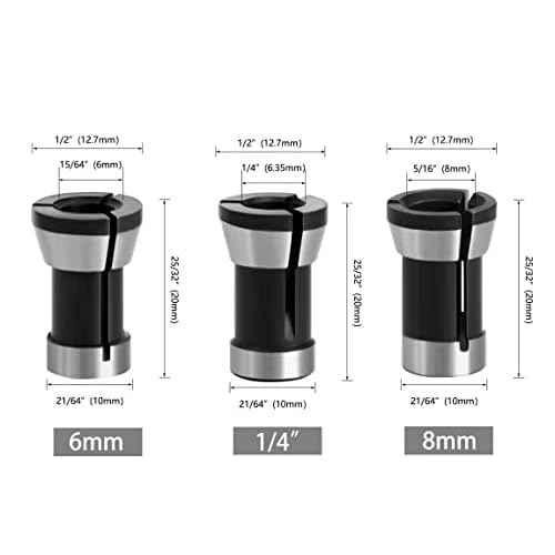 6pcs High Precision Trimmer Collet Adapter 6mm 1/4" 8mm Router Bit Collet Chuck Clamping Adapter for Engraving Trimming Machine Electric Router Milling Cutter