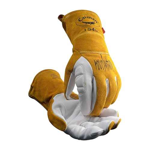 Caiman Premium Goat Grain TIG/Multi-Task Welding Gloves, Split Cowhide Back, 4-Inch Extended Cuff, White/Gold, Medium (1540-4)