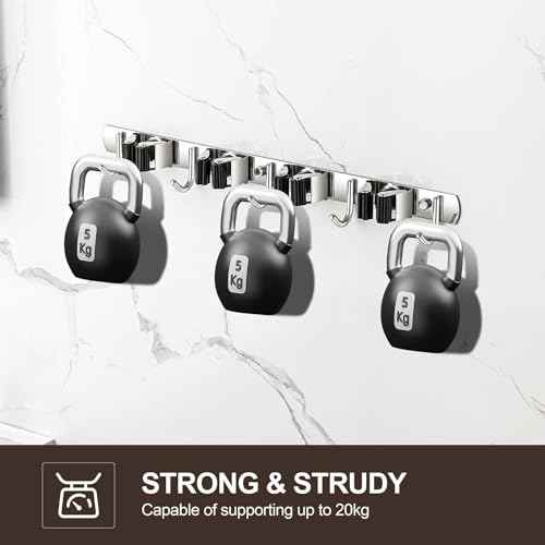 2 Pack Wall Mount, Stainless Steel Broom Hanger, Heavy Duty Mop and Broom Holder Tool Racks Utility Hooks for Laundry Room Garden Garage, Grey (4 Racks and 5 Hooks)