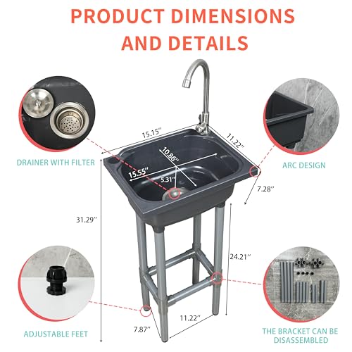 Gray Freestanding Utility Sink with Faucet Hole - Kitchen & Laundry Use