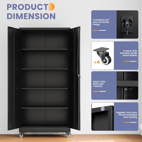 LISSIMO 74.5'' Rolling Garage Storage Cabinet with Locking Doors, 31.5W x 15.7D x 74.5H, 4 Adjustable Shelves