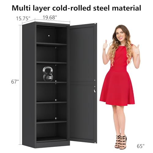 Lusiwry 67-Inch Tall Narrow Metal Storage Cabinet with Lock - Black, Model 67H-1D
