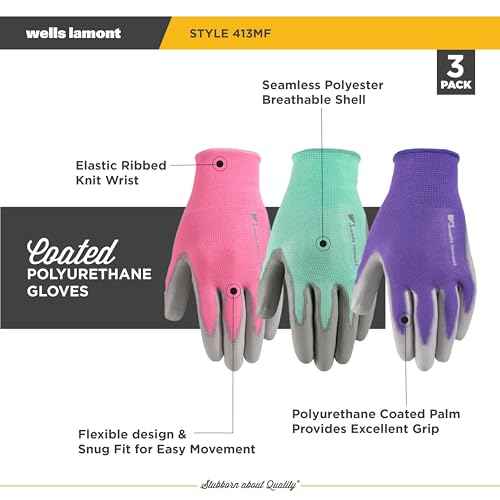 Wells Lamont Gardening Gloves for Women ? Breathable Polyester, Seamless Fit ? PU-Coated Palm for Grip & Durability ? Elastic Wrist ? Pink/Green/Purple, Medium, Pack of 3 (413MF)
