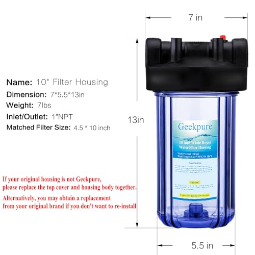 Geekpure 10 Inch Clear Whole House Water Filter Housing - Variation 1, 1" Port