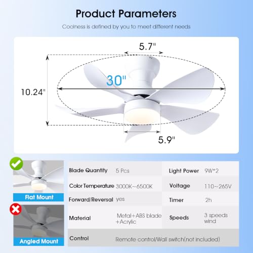 Kviflon 30 Inch White Ceiling Fan with Light & Remote Control, Reversible Blades