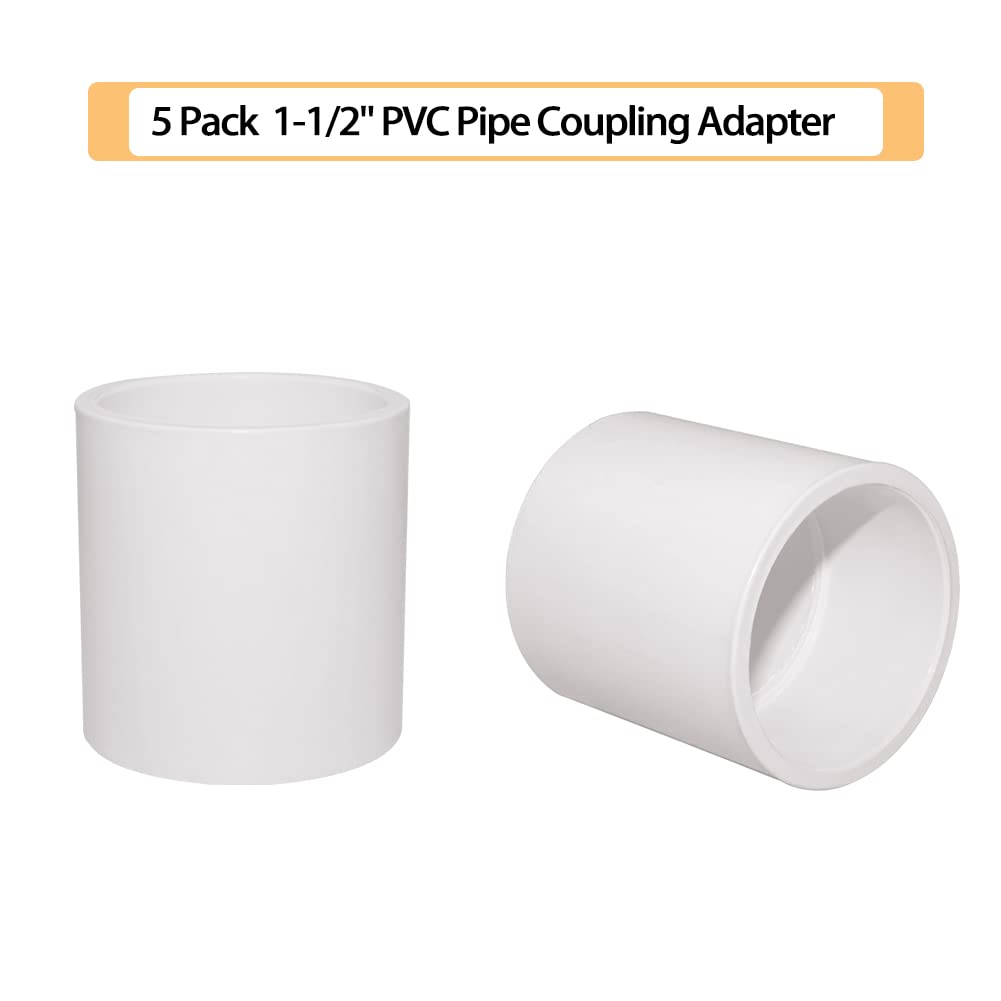 Fitvell 5PCS 1-1/2" PVC Pipe Fitting Coupling Connector Adapter Pipe Fitting Slip (Socket x Socket) Schedule 40 White Color