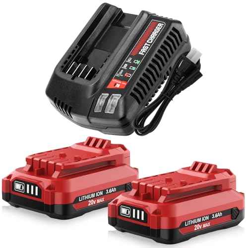 2-Pack 3.6Ah Replacement Battery and Charger for Craftsman 20V Battery Lithium CMCB202 CMCB202-2 CMCB201 CMCB204 CMCB204-2 CMCS300B Compatible with Craftsman Batteries 20V Cordless Power Tools (Red)