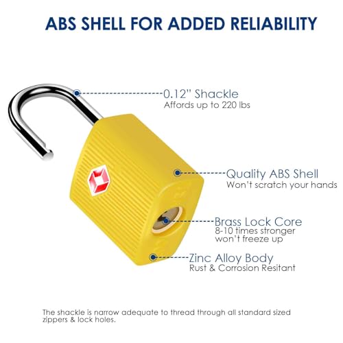 4 Pack TSA Approved Luggage Locks with Keys, Travel Padlock, Zinc Alloy Waterproof Keyed Lock, TSA Outdoor Metal Lock for Lockers, Bags, Backpack, Gym, Gate-Yellow