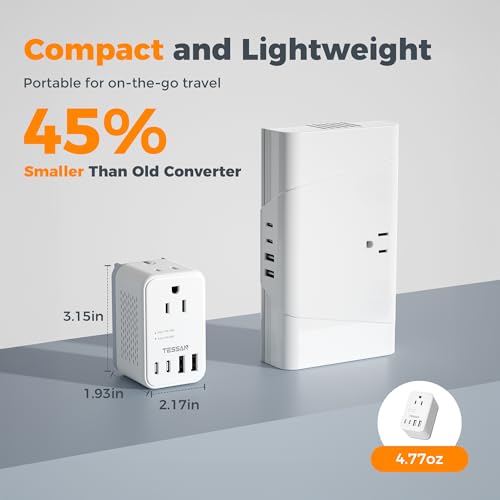 TESSAN International Travel Voltage Converter with 2 Outlets & 4 USB Ports – 220V to 110V Europe Adapter