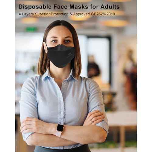 KN95 Face Masks Black for Adults, Individually Wrapped, Breathable Disposable KN95 Mask with Elastic Ear Loop