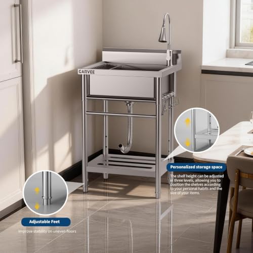 GARVEETECH 22x20x39 Inch Stainless Steel Deep Single Bowl Sink with Rotating Faucet & Adjustable Rack
