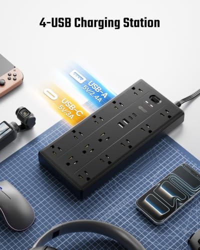 Black 10Ft SUPERDANNY Surge Protector Power Strip with Flat Plug & 17 Outlets