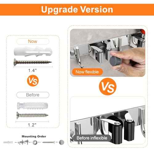 Mop and Broom Holder Wall Mount, Upgraded Broom Organizer Wall Mount, Stainless Steel Broom Hanger Wall Mount for Home Kitchen Garden Laundry Garage (3 Racks with 4 Hooks)