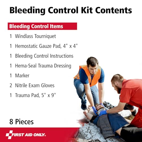 First Aid Only Bleeding Control Kit for Limb & Torso Wounds - 8 Pieces, Tourniquet & Hemostatic Gauze