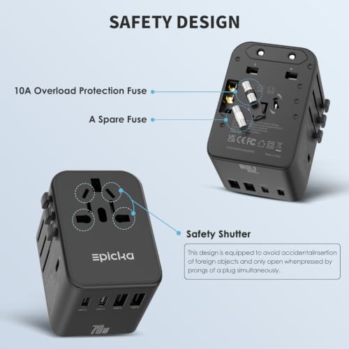 EPICKA 70W GaN USB-C Travel Power Adapter Black - 3 USB-C & 2 USB-A Ports