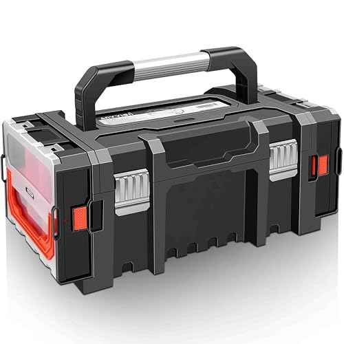 Anyyion Tool Box Organizer,Two detachable Parts Boxes, Removable Tray with Stainless Steel Dual Lock Secured,Metal Handle is Truly Rugged,(Internal Size:14.9x7.8x5.7 inch£© (Orange)