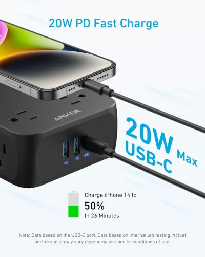 Anker Power Strip with 2000J Surge Protector, 8 Outlets, 20W USB-C, Black, 5FT Cord