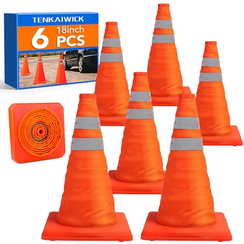 TENKAIWICK 18 Inch 6 Pack Collapsible Traffic Cones with Reflective Collar - Orange Safety Cones for Parking, Driveway, Roadwork