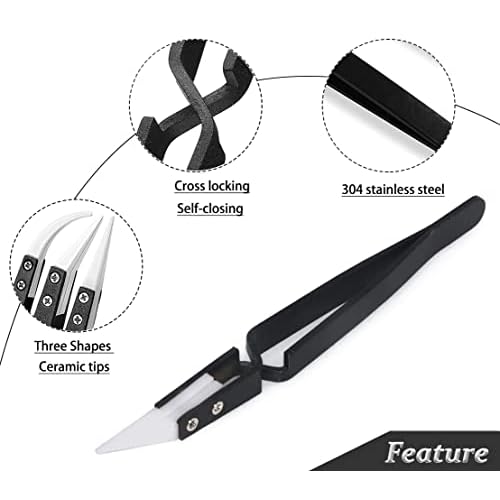 3pcs Stainless Steel Anti-Static Ceramic Solder Tweezers Non-Conductive, Highly Heat Resistant, Anti-Magnetic Straight Curved Tips Precision Tweezers for Electronic Soldering Tool