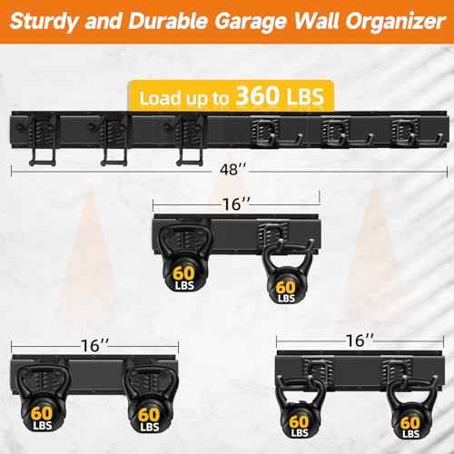 Garden Tool Organizer Wall Mount, Heavy Duty 48 Inches Garage Organization and Storage Racks for Yard Tools with 6 Hooks, Tool Hangers Holders for Hanging Folding Chair, Rake and Shovel