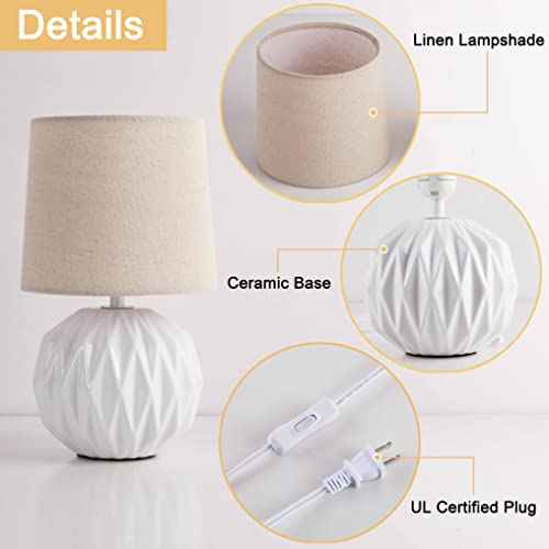 Somniferous Ceramic Bedroom Table Lamps Set of 2, Small Bedside Lamp, White Lamp with Linen Shade, Mid Century Modern Nightstand Lamp for Bedroom Living Room Office, 7W LED Bulb Included