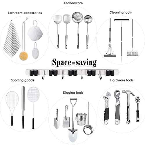 AceMining 5 Racks and 4 Hooks Mop and Broom Holder Wall Mount, Broom Organizer Storage Tool Racks Stainless Steel Heavy Duty Hooks Self Adhesive Solid Non-slip for Home Kitchen Garden Laundry Garage
