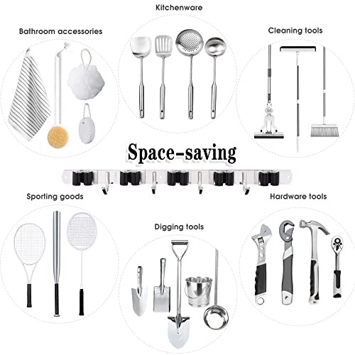 AceMining Wall Mount Broom Holder with 5 Racks & 4 Hooks - Silver Heavy Duty Mop Organizer